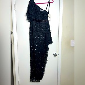 MAC DUGGAL ONE SHOULDER ASYMMETRICAL RUFFLE BLACK Sequin Evening GOWN Dress sz 8
